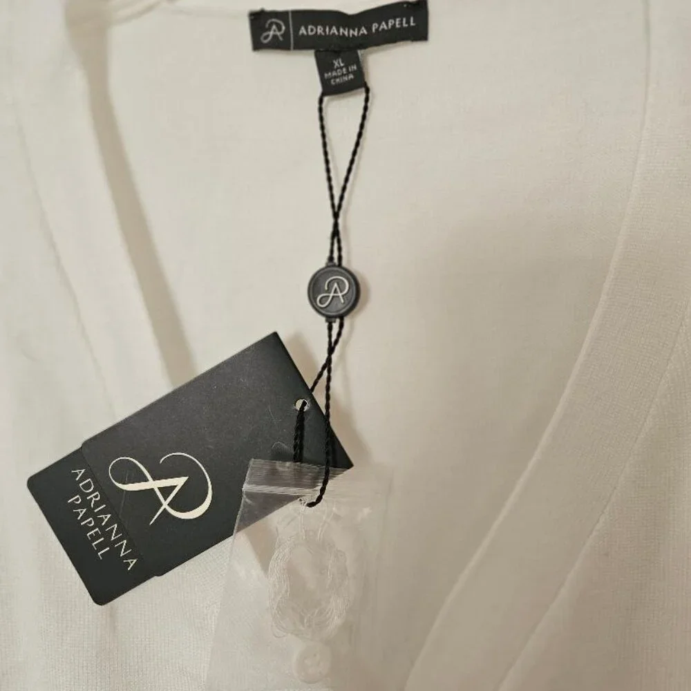 Adrianna Pappell cardigan, white sheer w/ pleated, polka dotted V-neck sleeves. - Picture 5 of 8